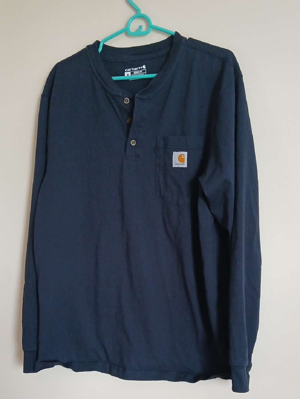 Carhartt Navy Long-Sleeve Henley Pocket Tee with Logo Patch